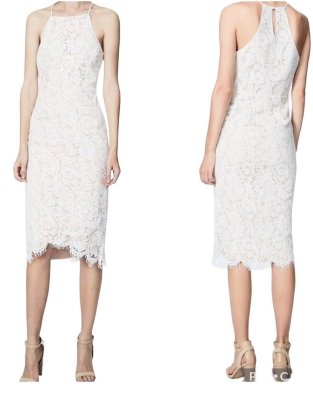 Fame and Partners White Lace Overlay Halter Midi Sheath Dress size 4